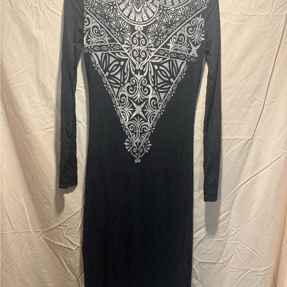 Lipsy Black and Gray Patterned Long Sleeve Dress